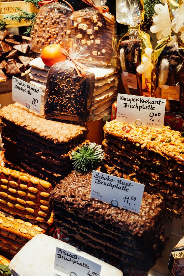 Delicious assortment of German Christmas market sweets, including chocolate, gingerbread, and stollen, beautifully displayed.